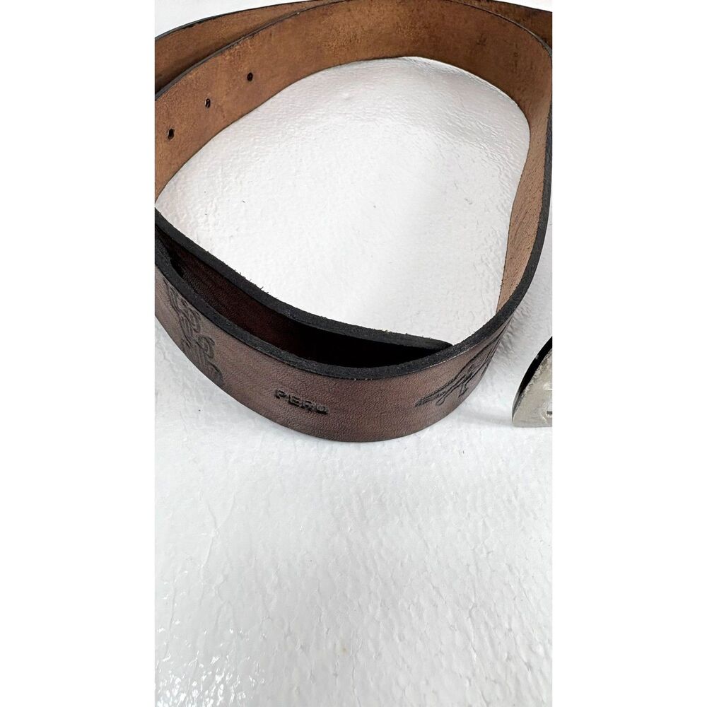 Peru Belt Brown Leather Embossed Celestial Animal Motifs Silver Buckle 58" - Picture 2 of 15